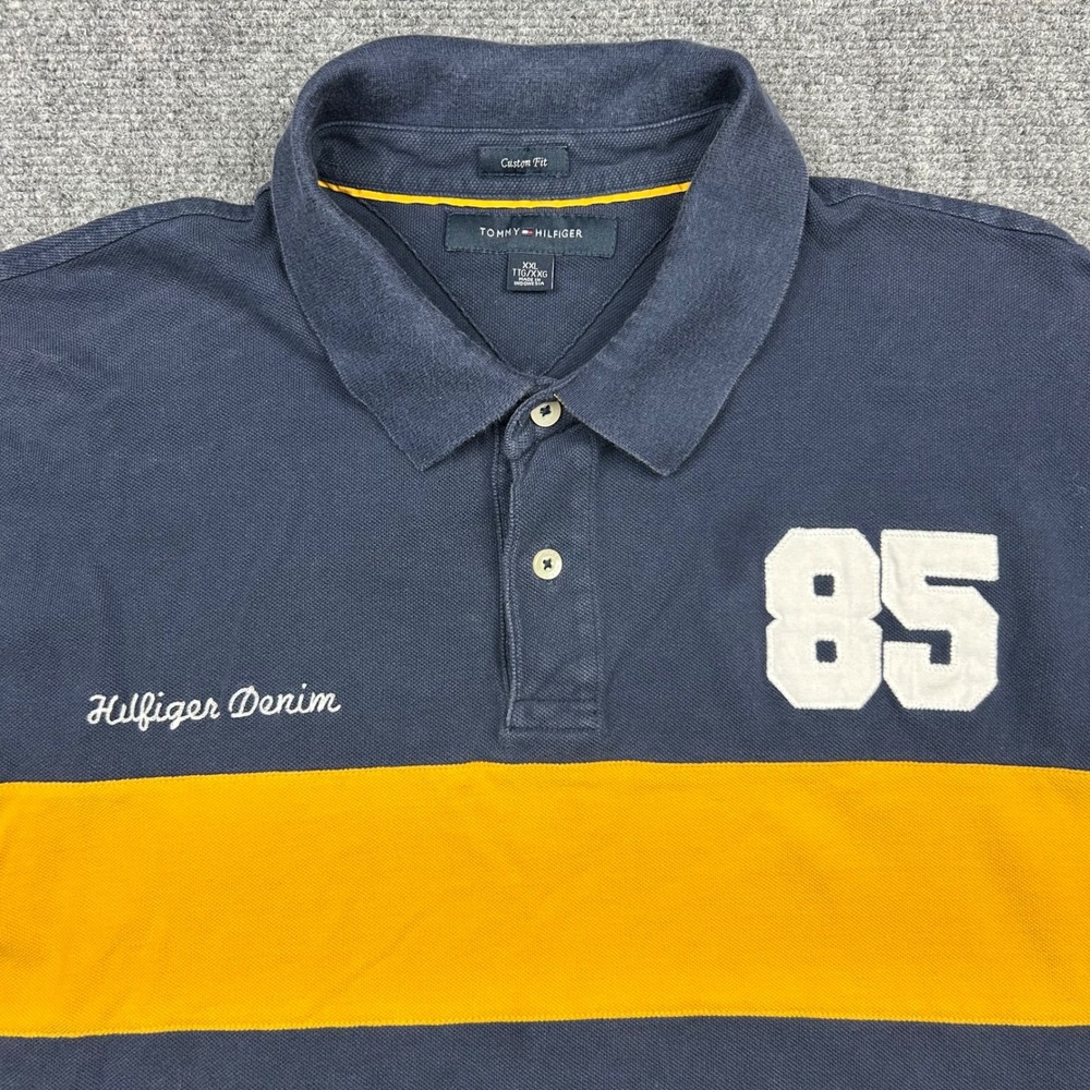 VTG Tommy Hilfiger Polo Shirt Mens XXL Navy‎ Yellow Stripe 85 Custom Fit Y2K